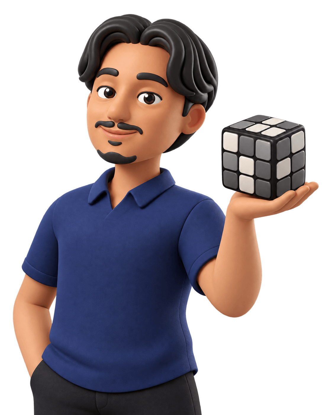 Ishan’s illustrated character holding a puzzle cube