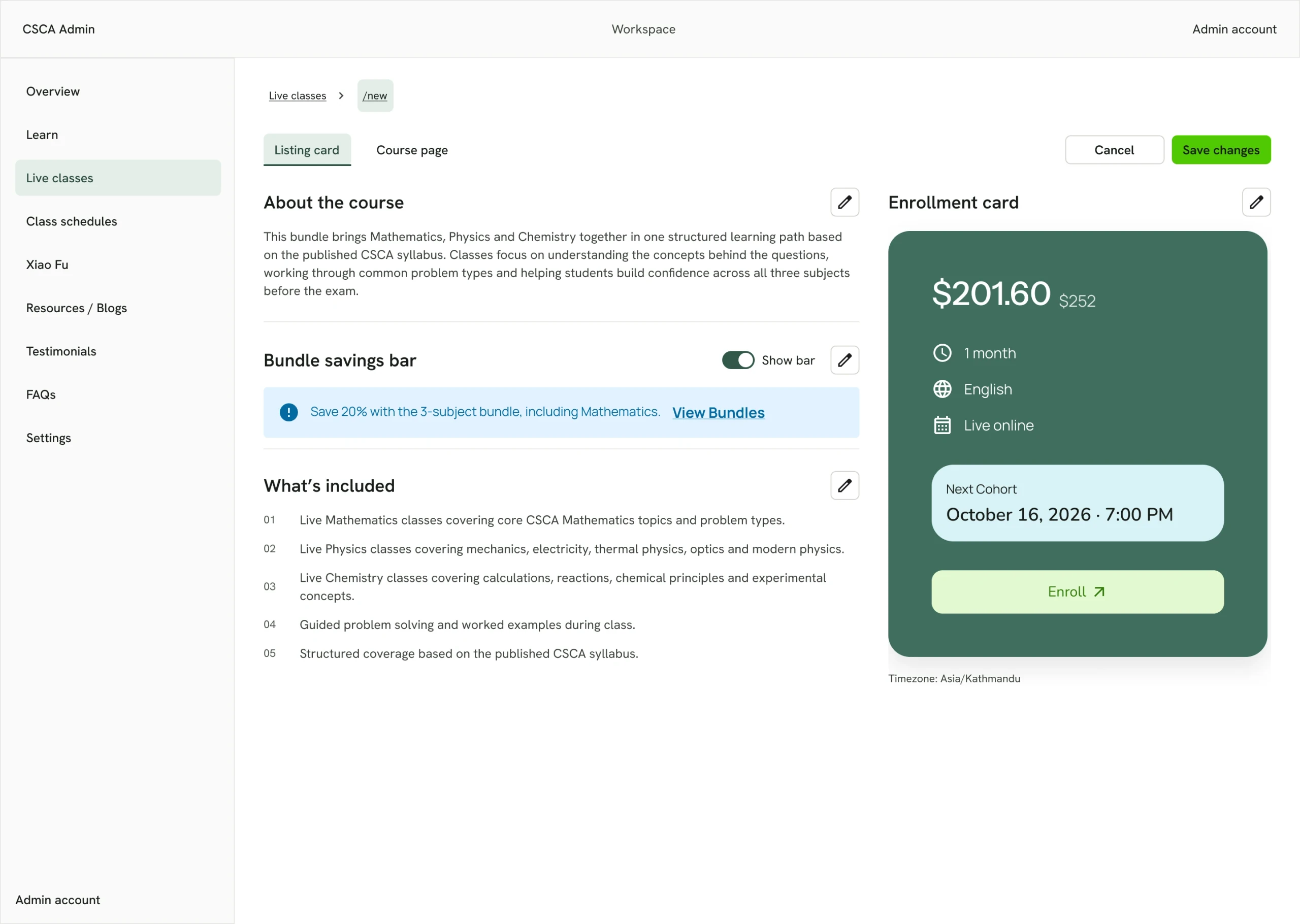 Admin CMS with course management and a course-editing panel