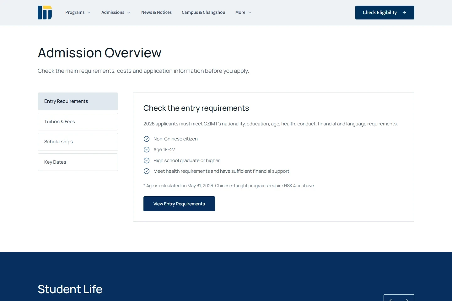 CZIMT admissions overview grouping entry requirements, tuition, scholarships and key dates
