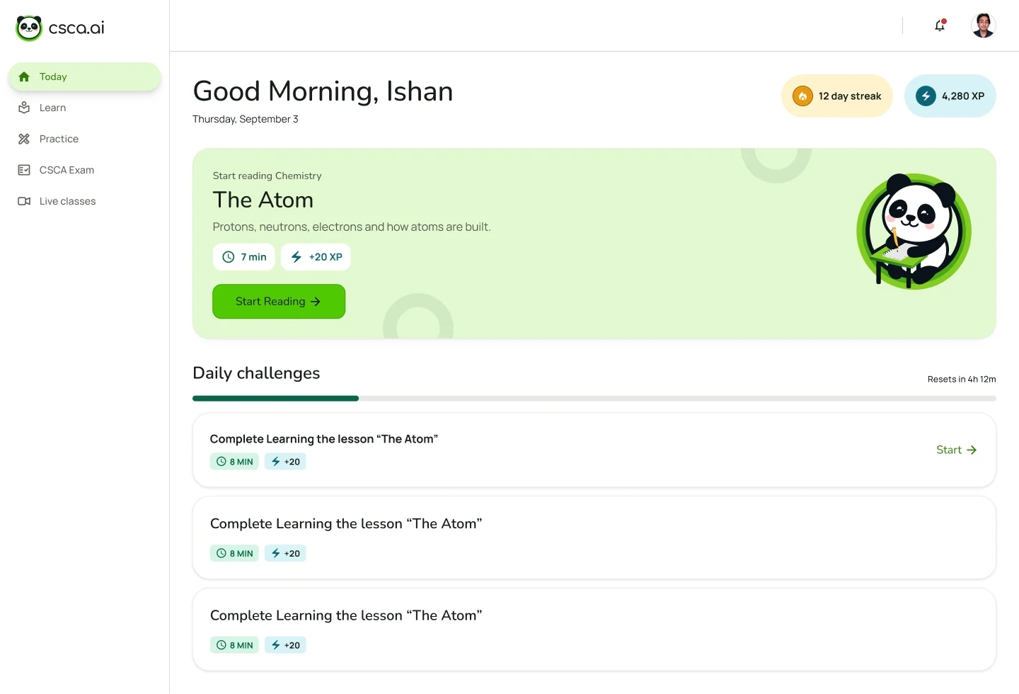 Student dashboard with suggested lessons, daily challenges and learning progress