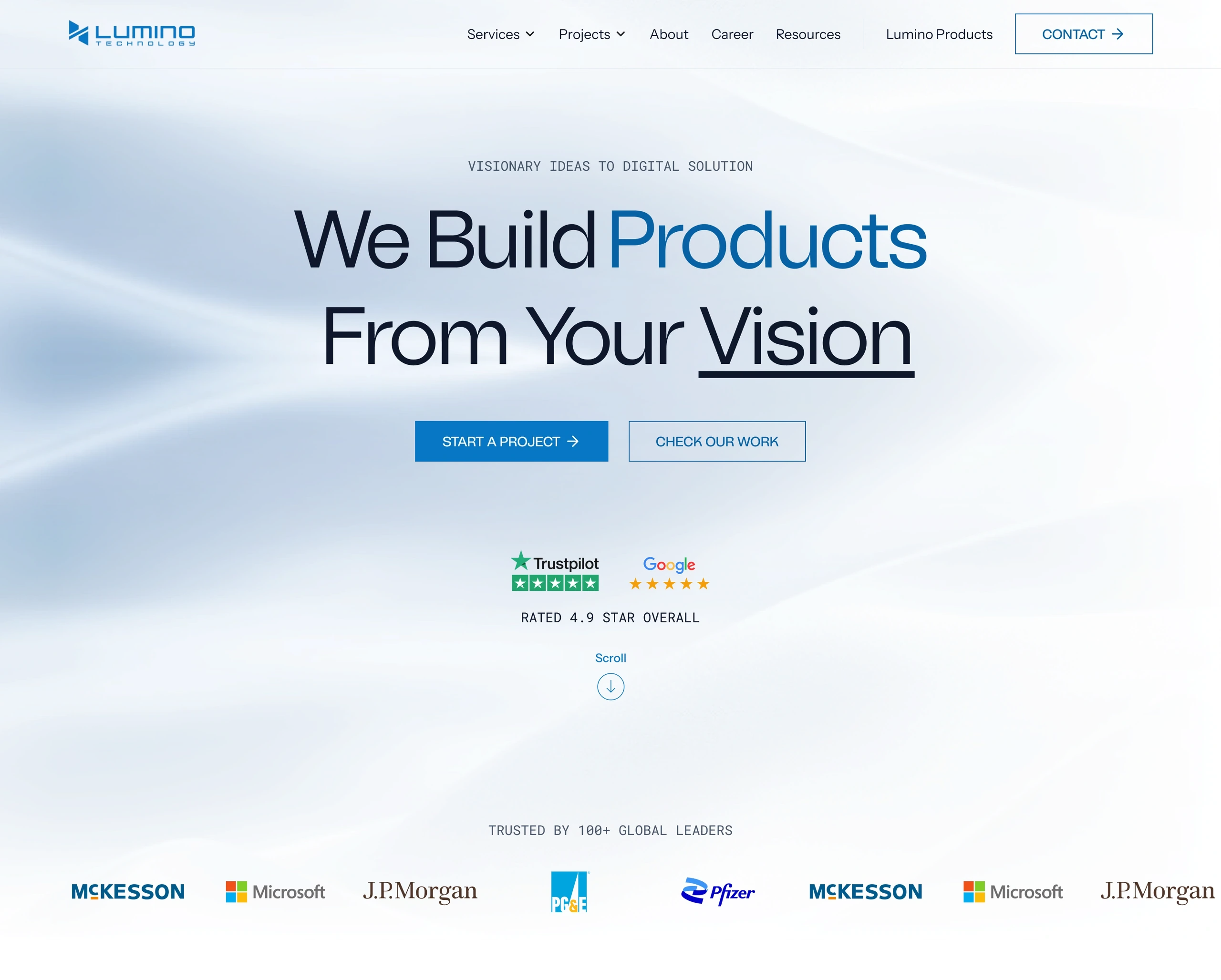 Lumino Technology homepage introducing its software and digital product services