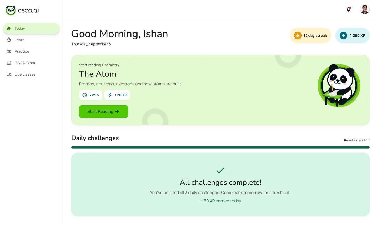 CSCA.AI dashboard welcoming a student with a daily challenge and recommended learning activities