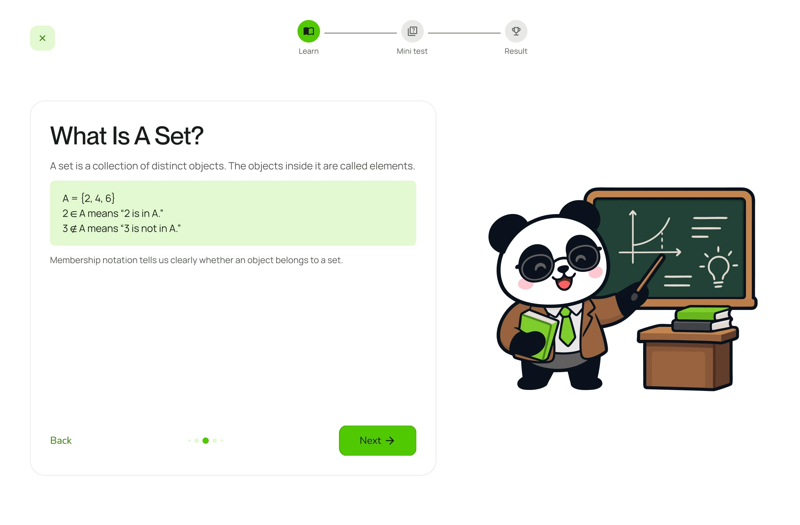 A CSCA lesson explaining sets through short text, examples and a next-step button