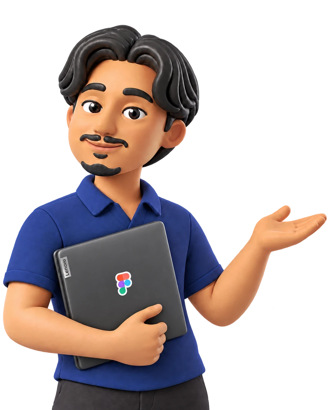 Ishan presenting his design work while holding a laptop with a Figma sticker