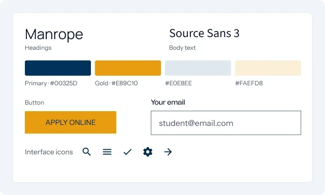CZIMT design system: Manrope, Source Sans 3, deep blue and gold, reusable buttons, fields and icons