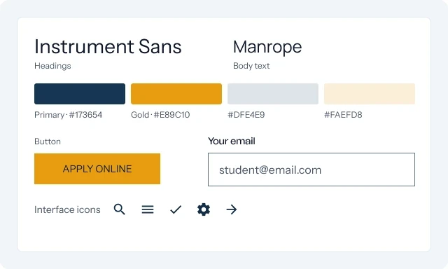 AHUT design system: Instrument Sans, Manrope, navy and gold, reusable buttons, fields and icons