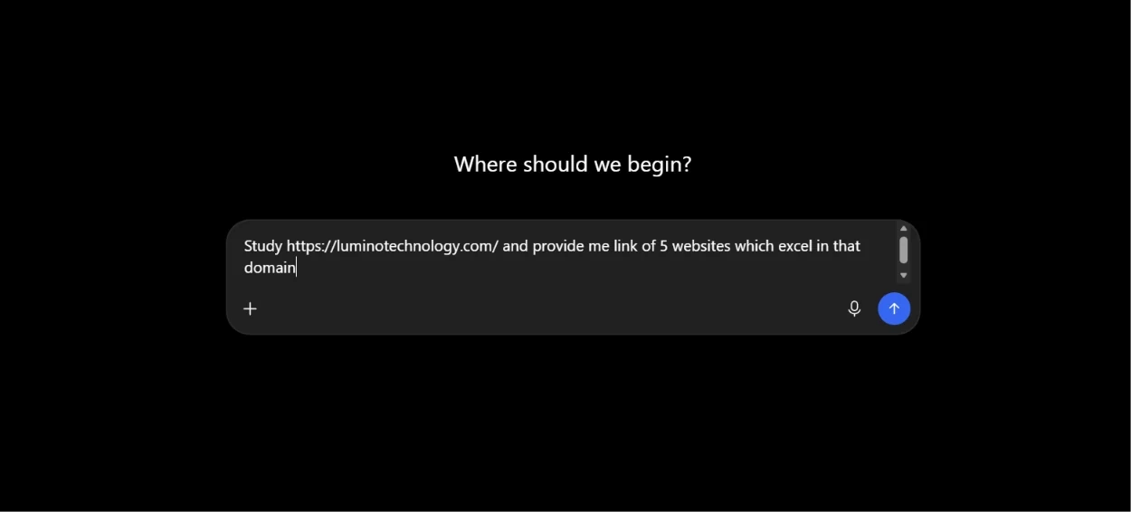 Research prompt asking for five successful websites in Lumino's field to compare their design and visitor experience