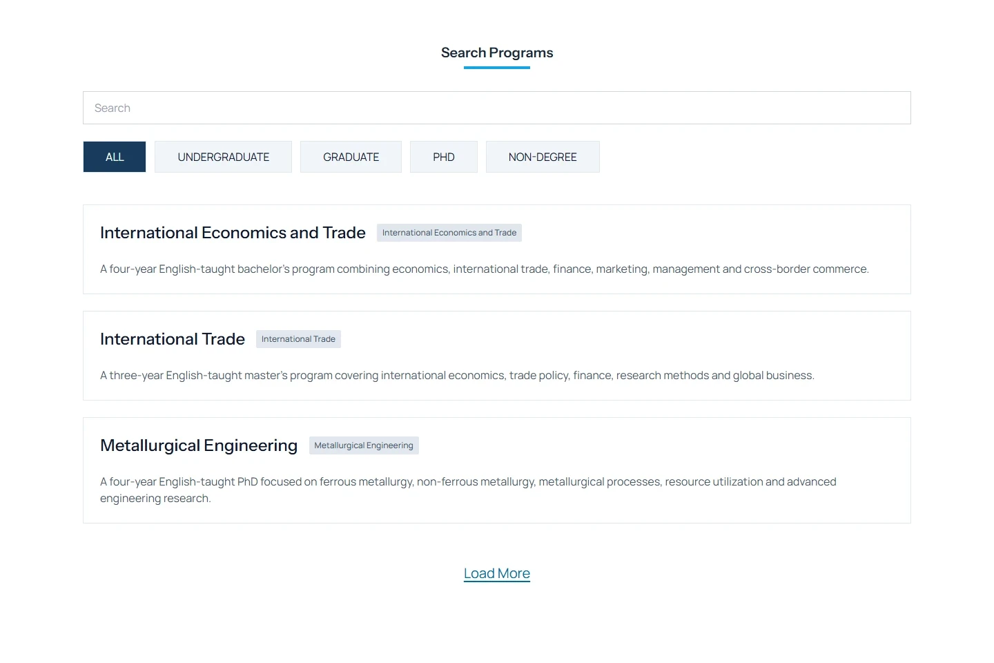 AHUT programme search with degree-level filters and course summaries