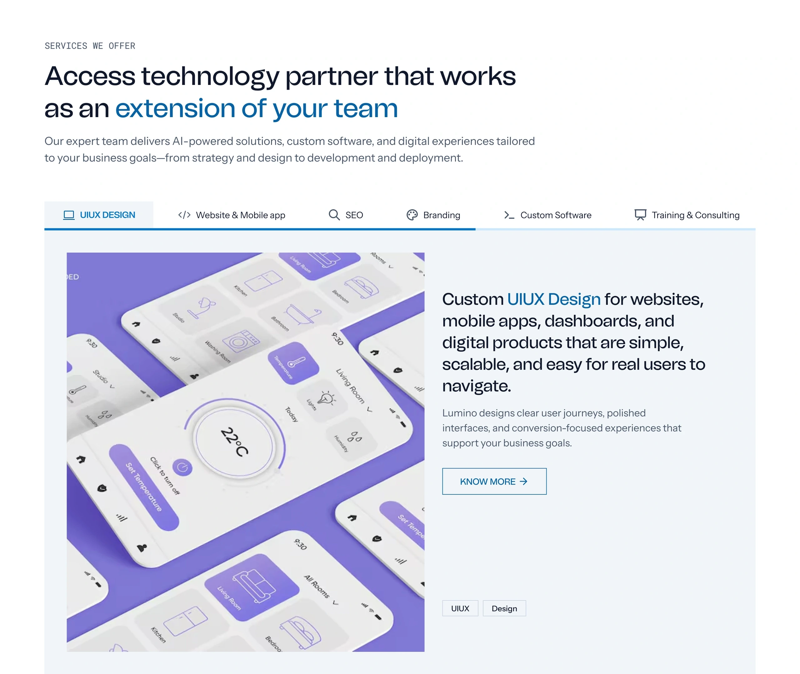 Lumino website pages using a shared blue palette, typography and components