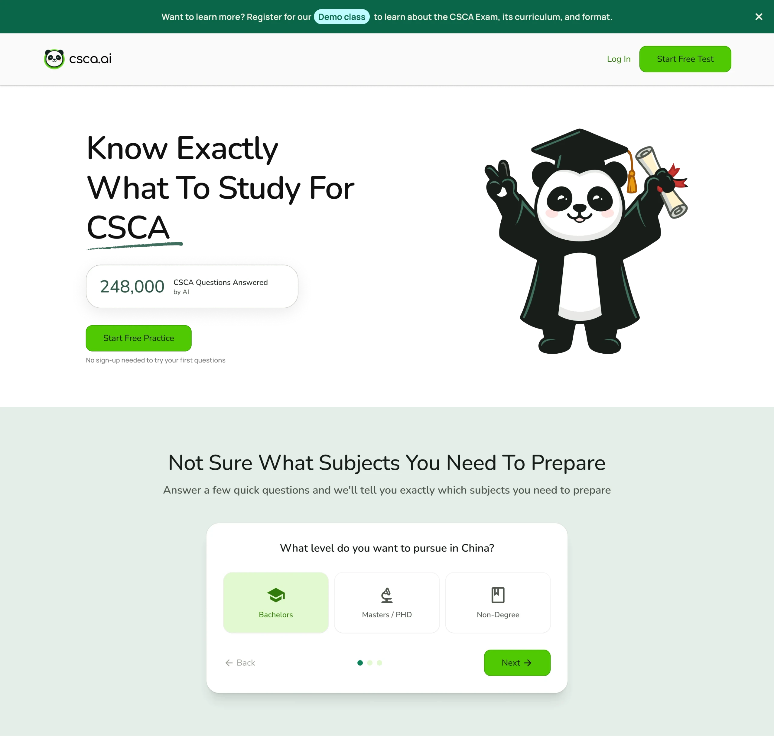 CSCA.AI public website introducing exam preparation and courses